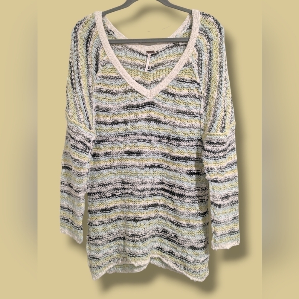 Free People Yellow Blue Open-Knit Textured V-Neck Slouchy Sweater